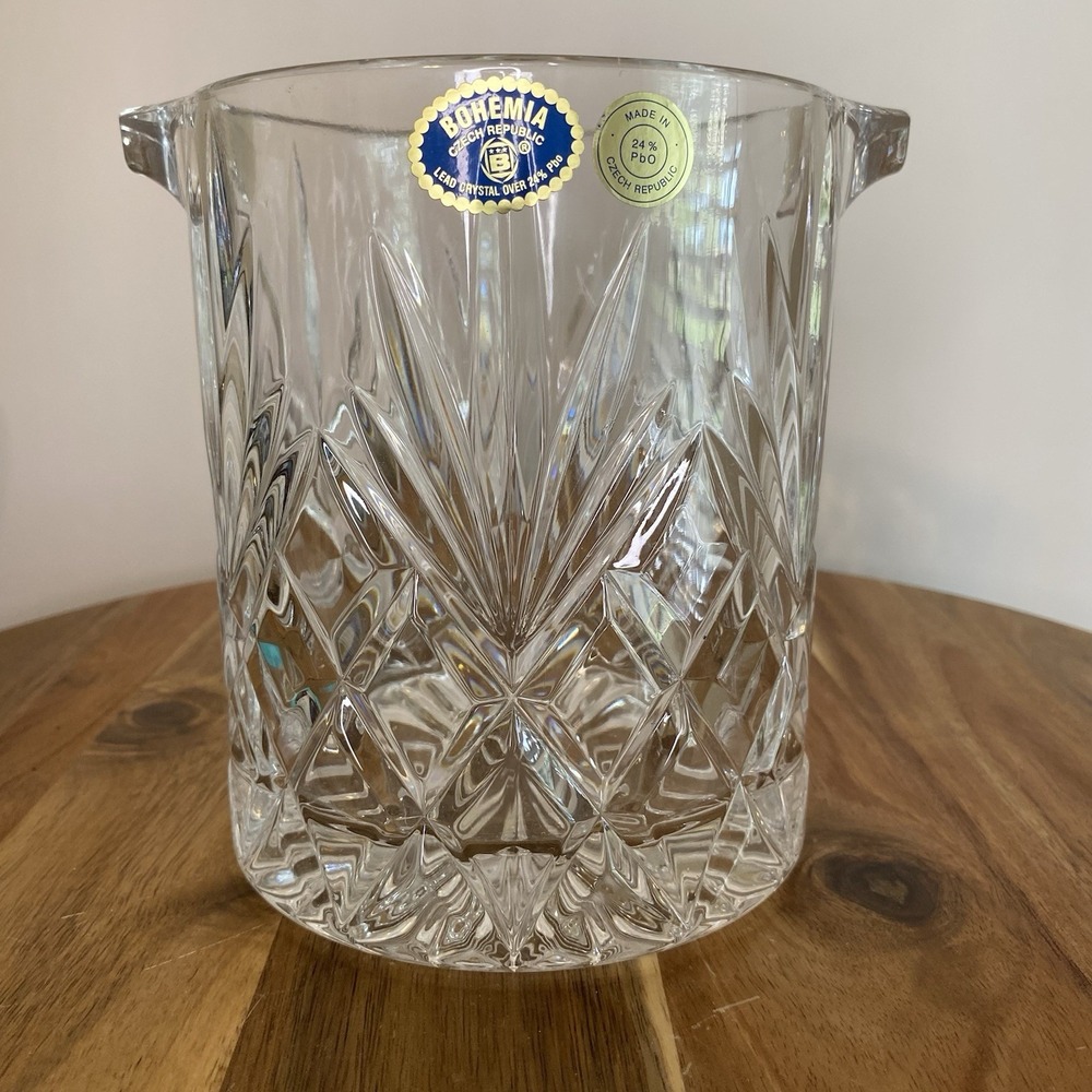 Bohemia Czech 24% Lead Crystal Ice Bucket hand Cut Diamond Starburst Barware